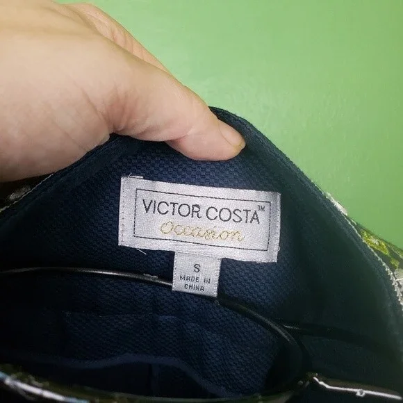 Victor Costa Womans Navy Blue Cotton Green Geometric Embroidered Jacket size sm - Picture 6 of 11